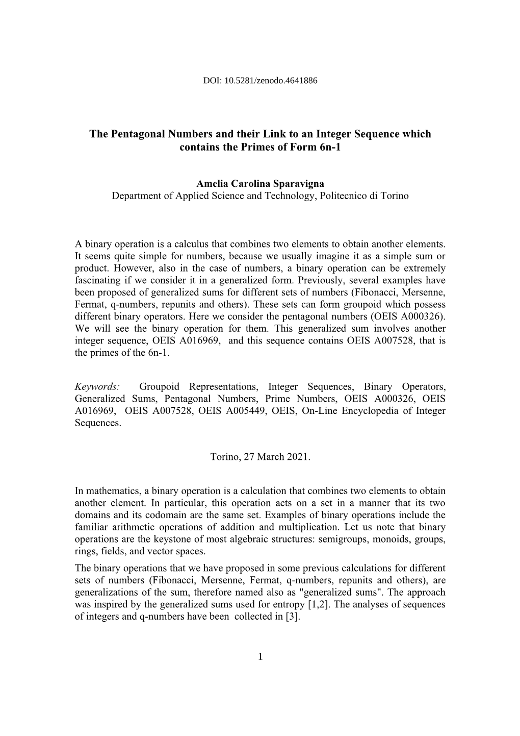 The Pentagonal Numbers and Their Link to an Integer Sequence Which Contains the Primes of Form 6N-1