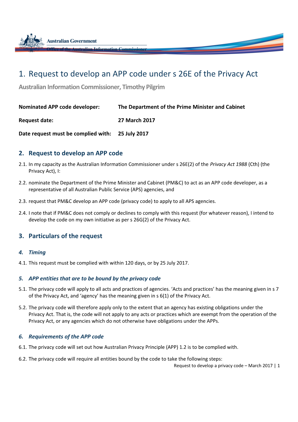 Request to Develop an APP Code Under S 26E of the Privacy Act