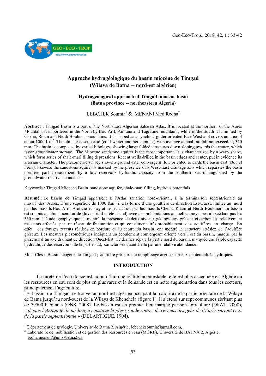 Approche Hydrogéologique Du Bassin Miocène De Timgad (Wilaya De Batna -- Nord-Est Algérien)