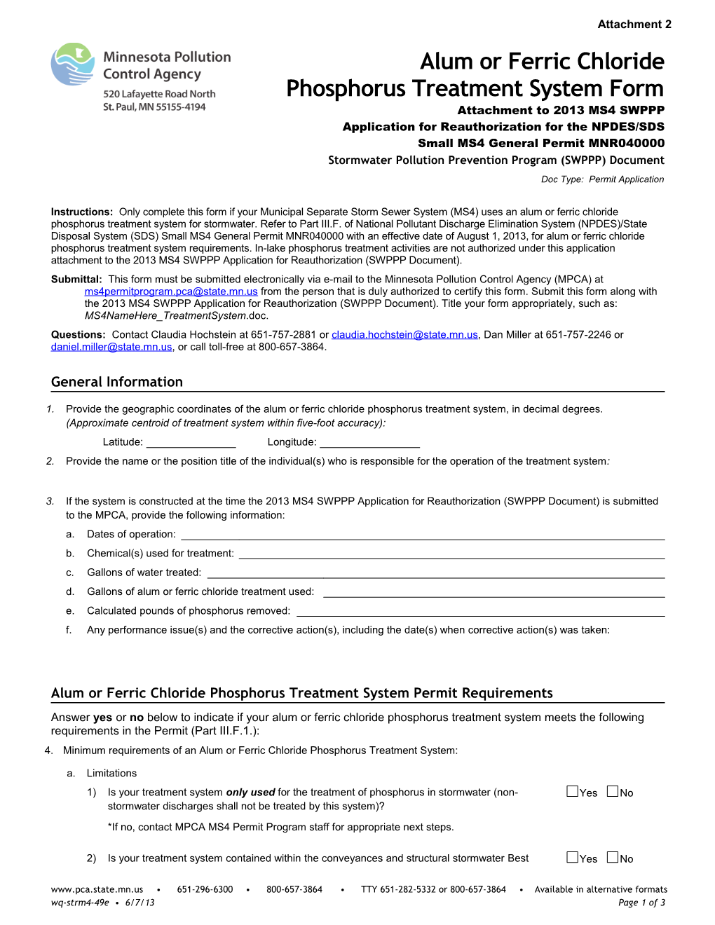 Att2 - Alum Or Ferric Chloride Phosphorus Treatment System Form - Attachment to MS4 SWPPP