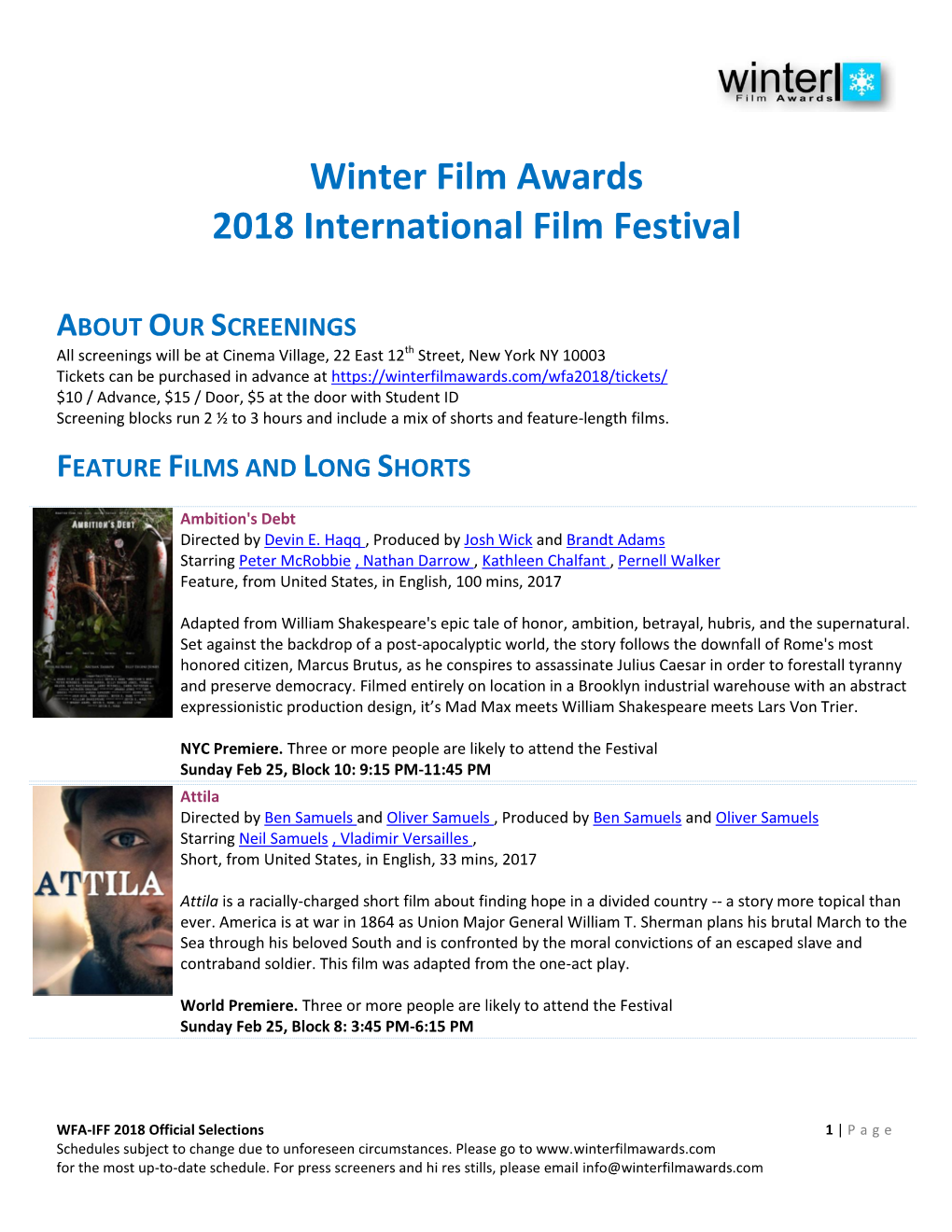 Winter Film Awards 2018 International Film Festival