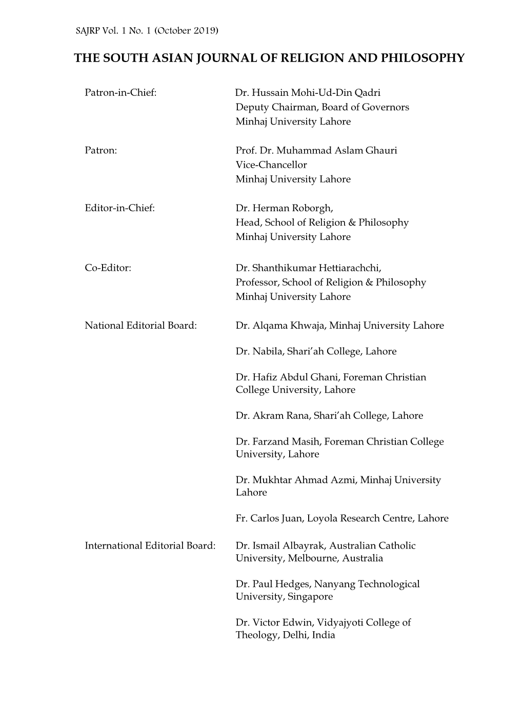 The South Asian Journal of Religion and Philosophy