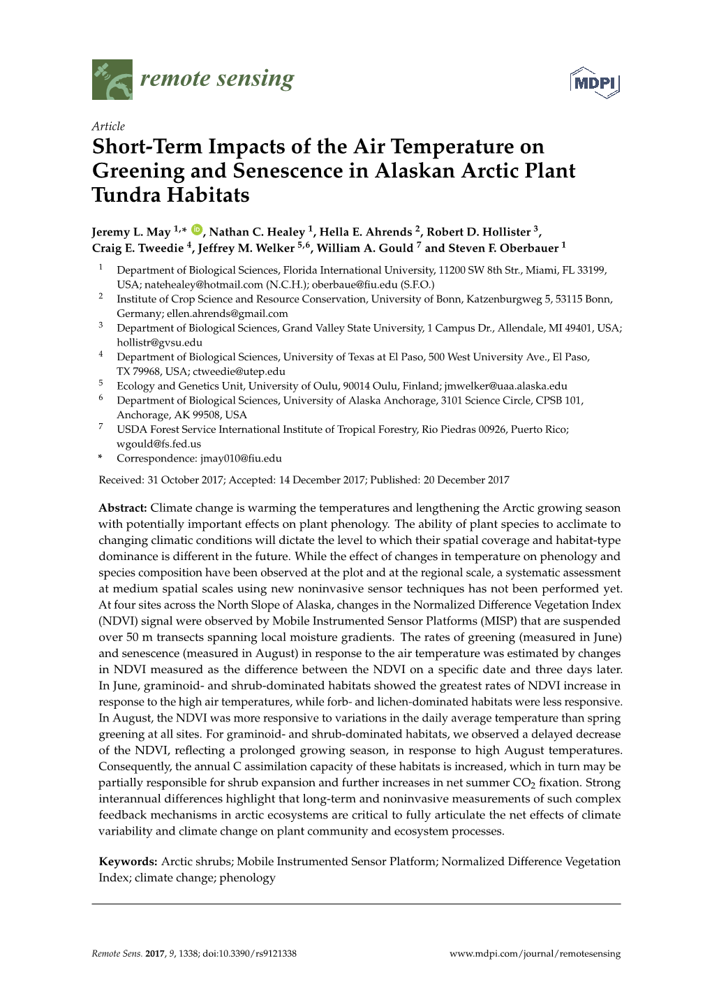 Short-Term Impacts of the Air Temperature on Greening and Senescence in Alaskan Arctic Plant Tundra Habitats