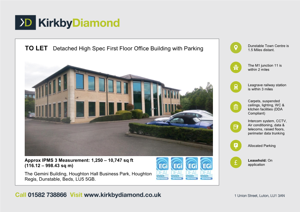 TO LET Detached High Spec First Floor Office Building with Parking 1.5 Miles Distant