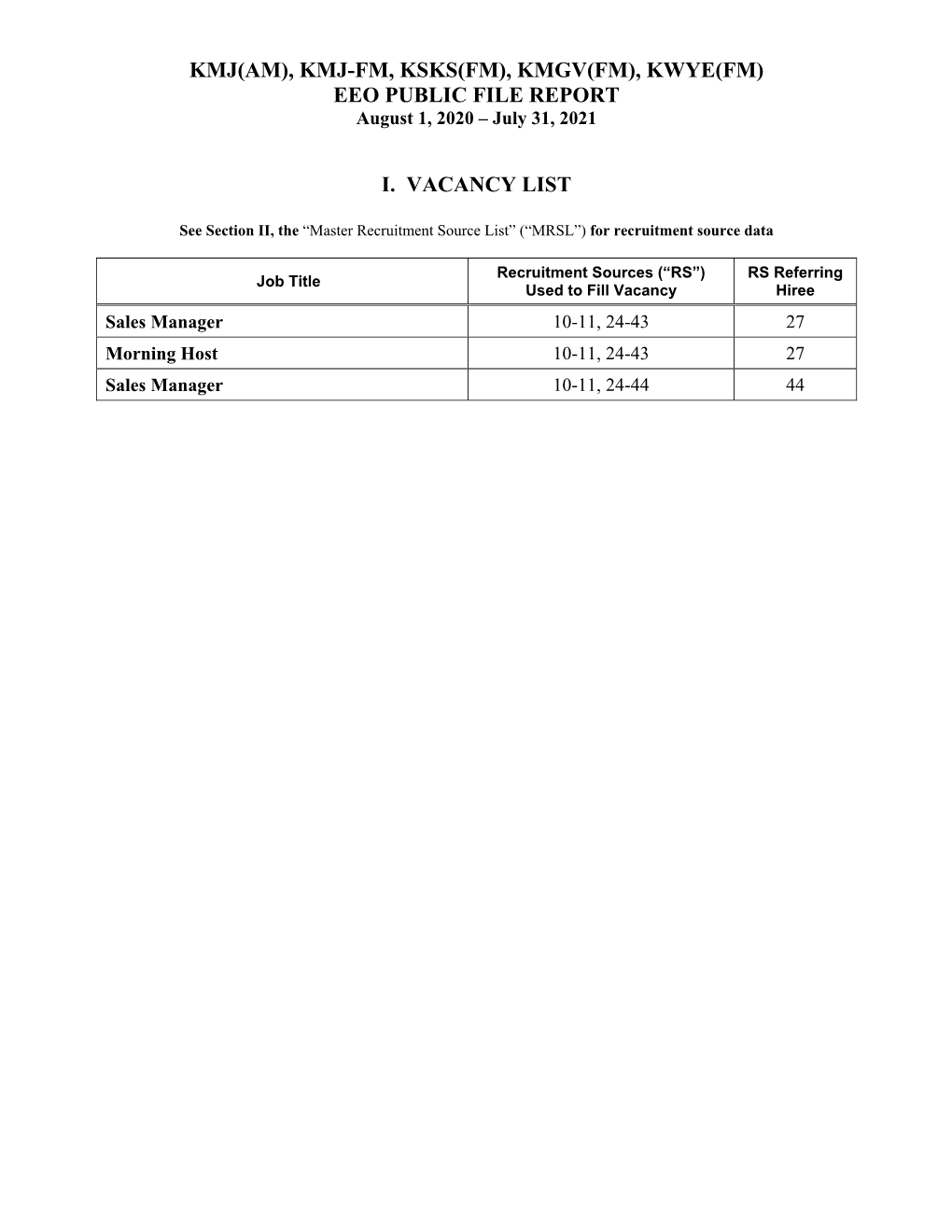 KMGV(FM), KWYE(FM) EEO PUBLIC FILE REPORT August 1, 2020 – July 31, 2021