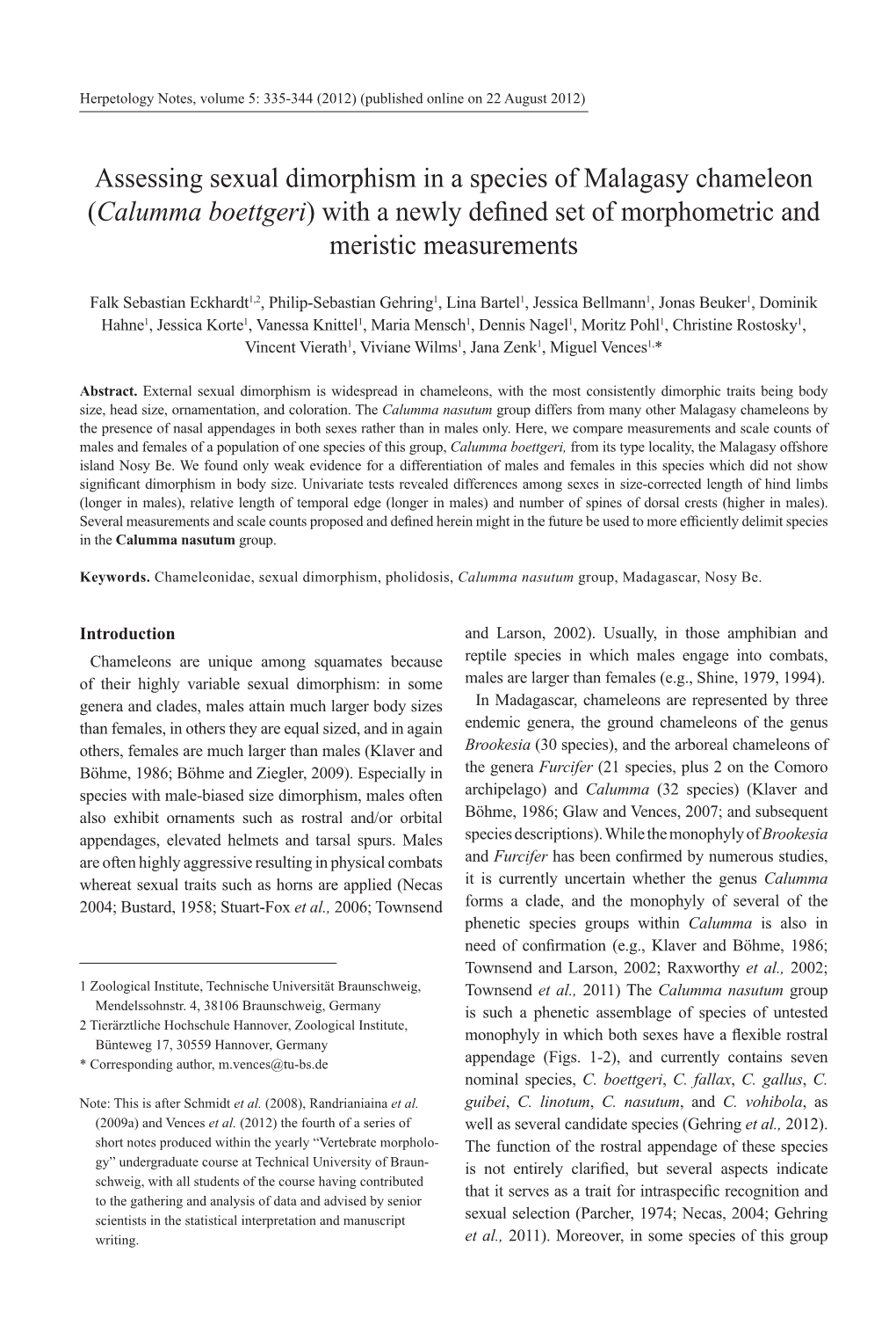 Calumma Boettgeri) with a Newly Defined Set of Morphometric and Meristic Measurements