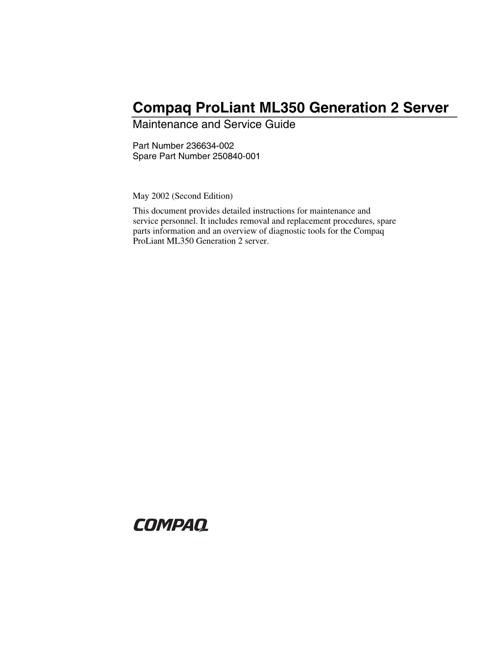 Compaq Proliant ML350 Generation 2 Server Maintenance and Service Guide