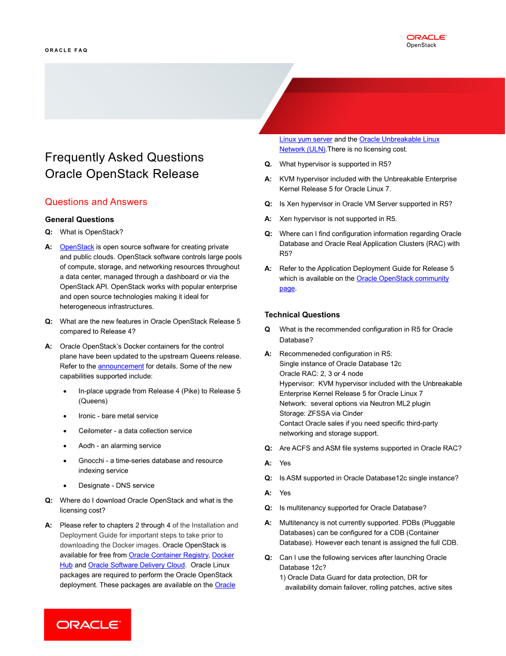 Frequently Asked Questions Oracle Openstack Release