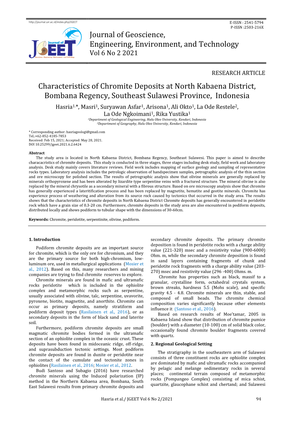 Journal of Geoscience, Engineering, Environment, and Technology Vol 6 No 2 2021