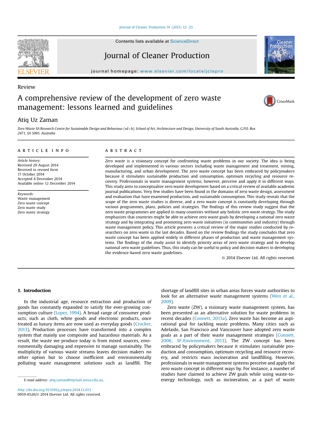 A Comprehensive Review of the Development of Zero Waste Management: Lessons Learned and Guidelines