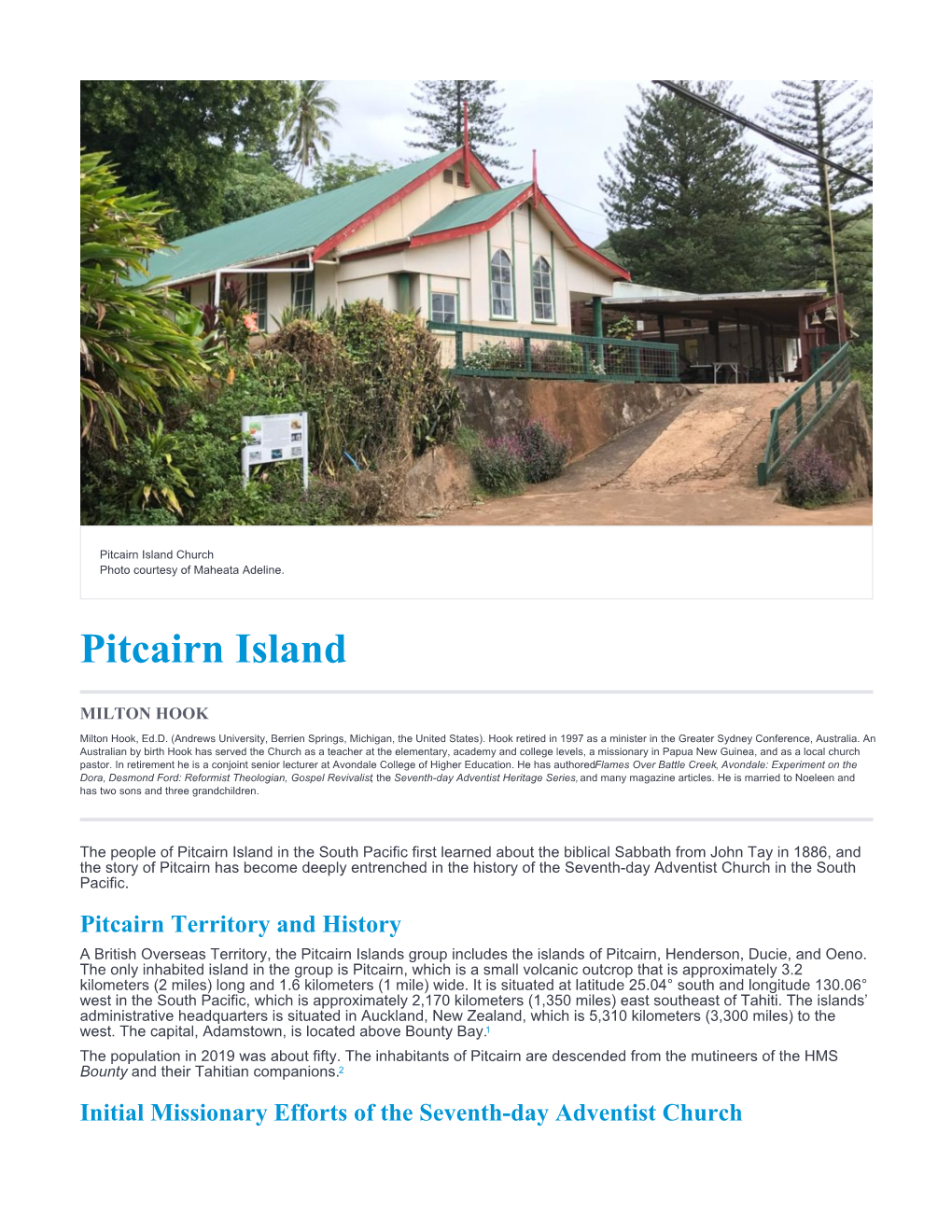 Pitcairn Island Church Photo Courtesy of Maheata Adeline