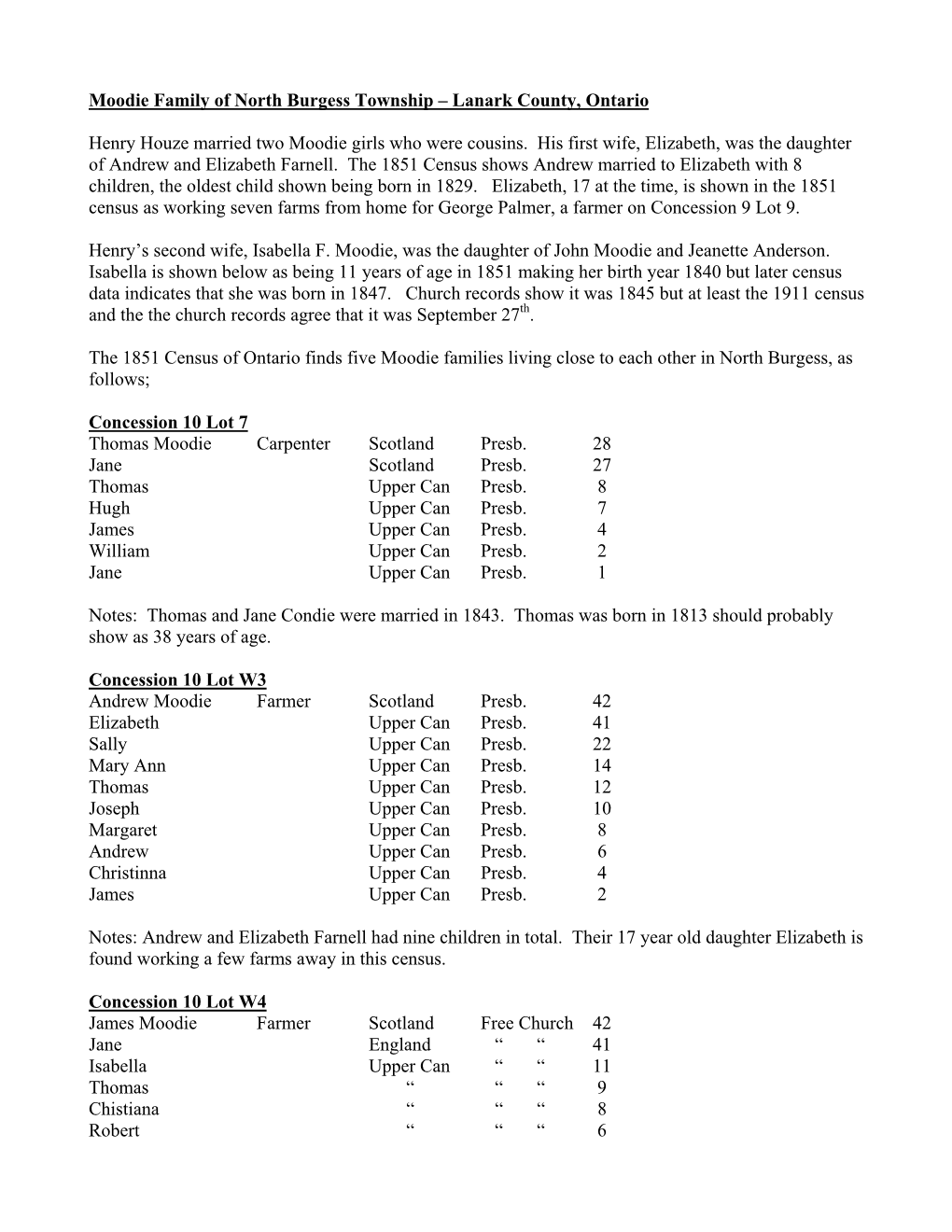 Moodie Family of North Burgess Township – Lanark County, Ontario