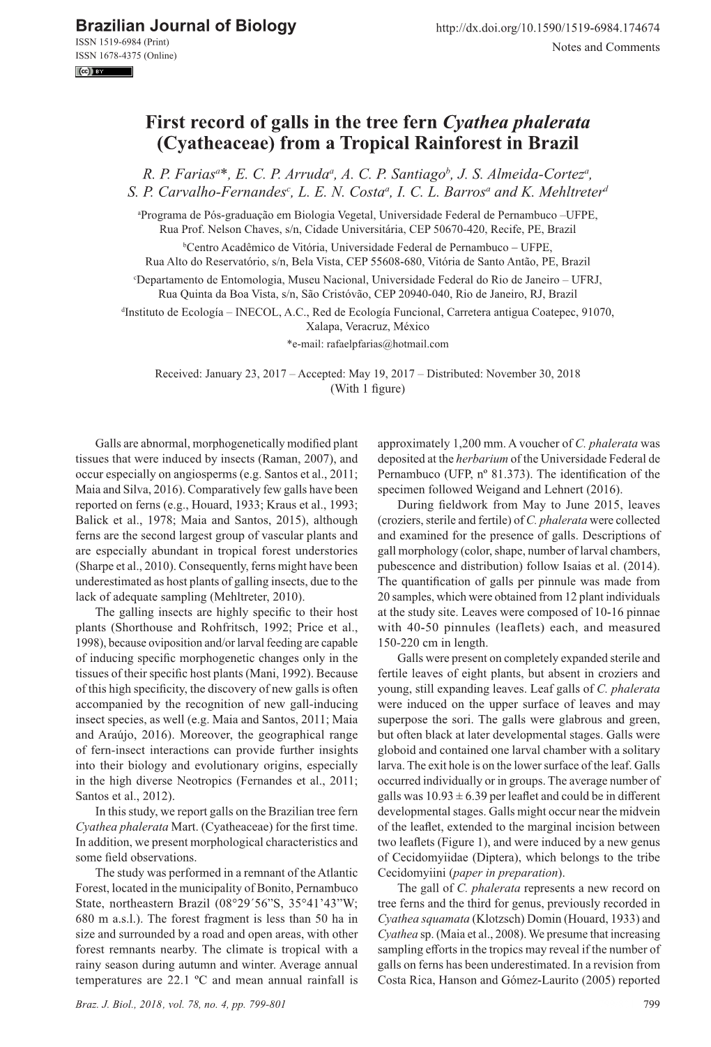 First Record of Galls in the Tree Fern Cyathea Phalerata (Cyatheaceae) from a Tropical Rainforest in Brazil R