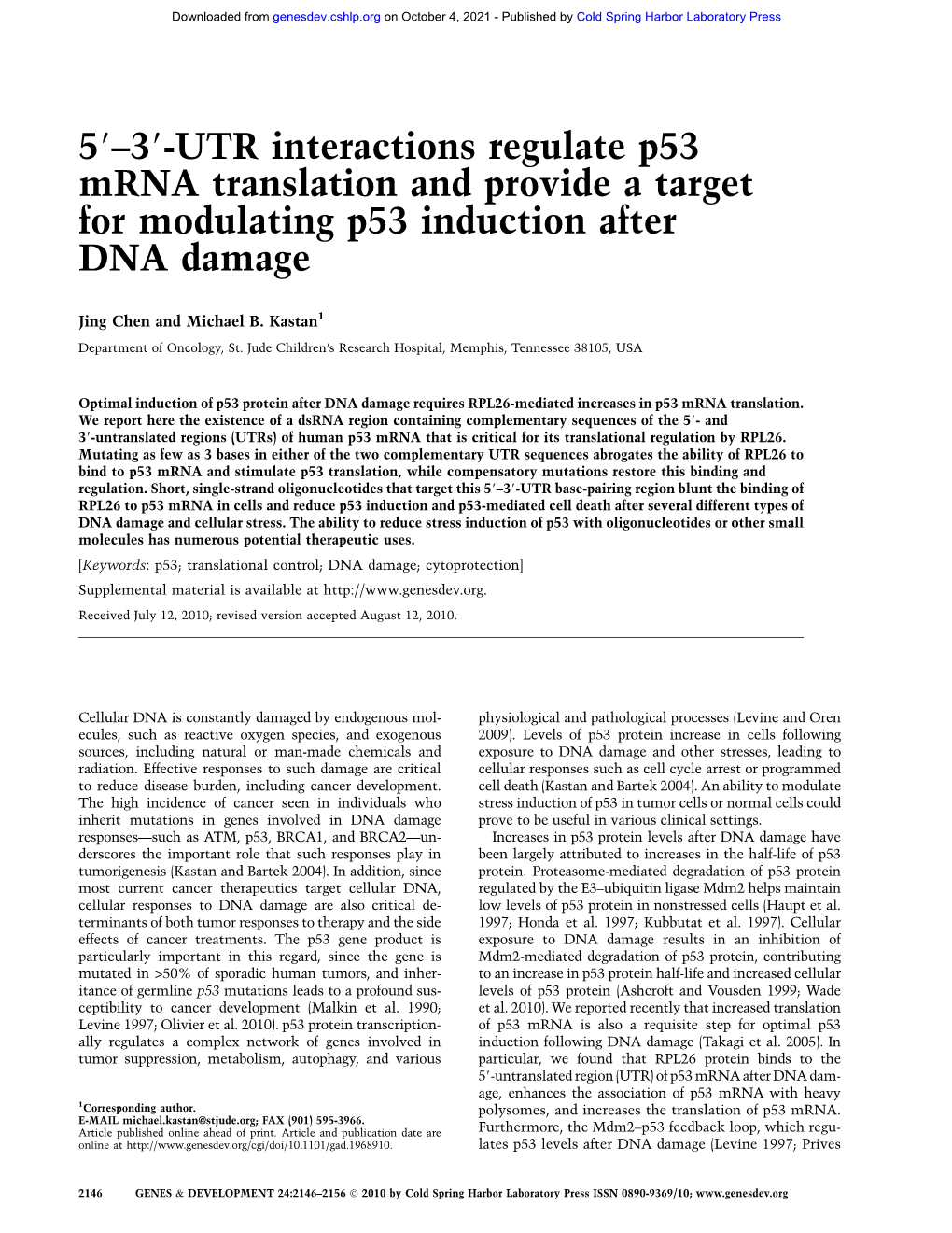 UTR Interactions Regulate P53 Mrna Translation and Provide a Target for Modulating P53 Induction After DNA Damage