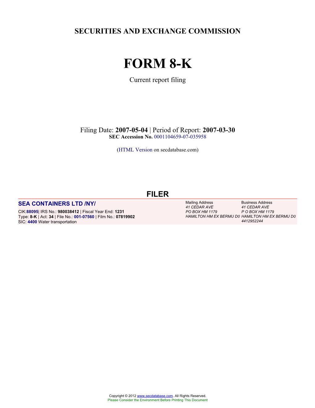 SEA CONTAINERS LTD /NY/ (Form: 8-K, Filing Date: 05/04/2007)