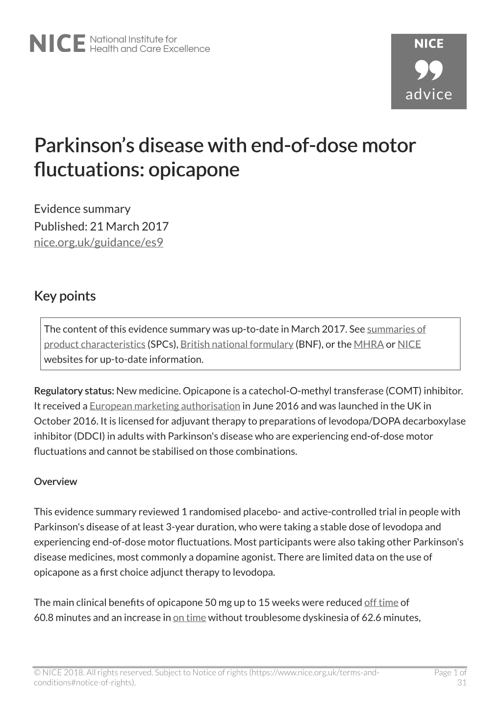 Parkinson's Disease with End-Of-Dose Motor Fluctuations: Opicapone