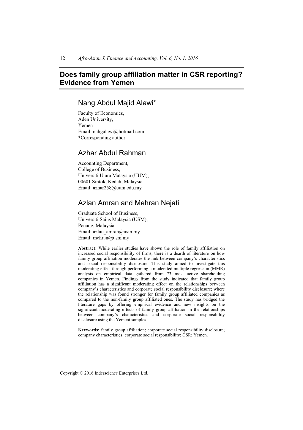 Does Family Group Affiliation Matter in CSR Reporting? Evidence from Yemen