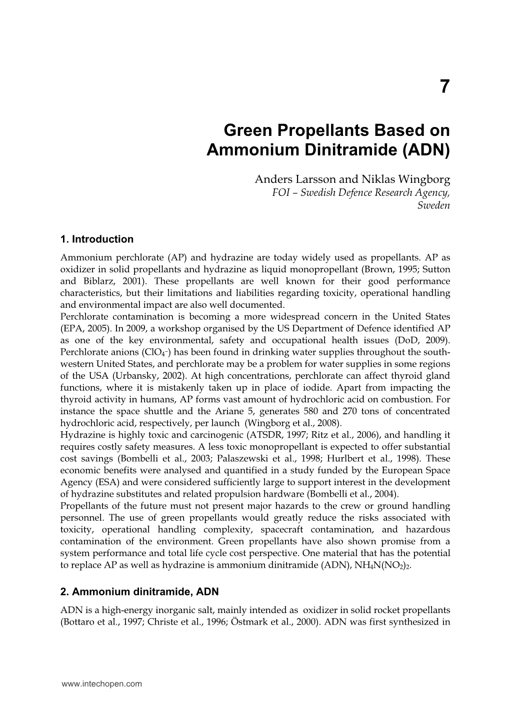 Green Propellants Based on Ammonium Dinitramide (ADN)