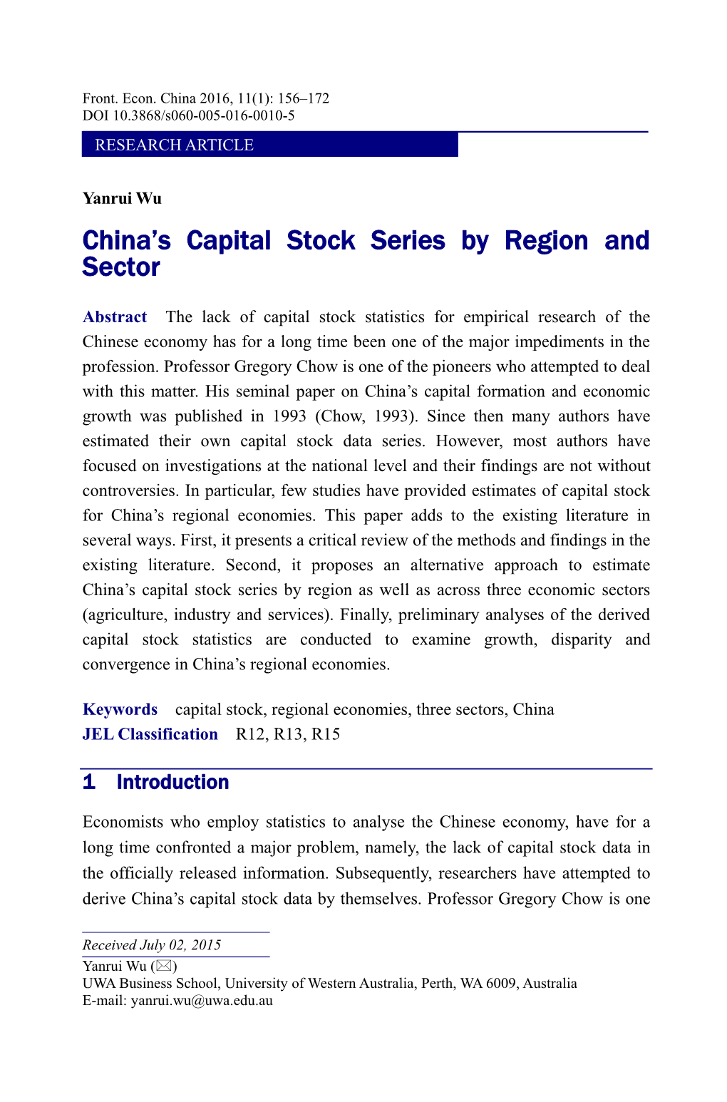 China's Capital Stock Series by Region and Sector