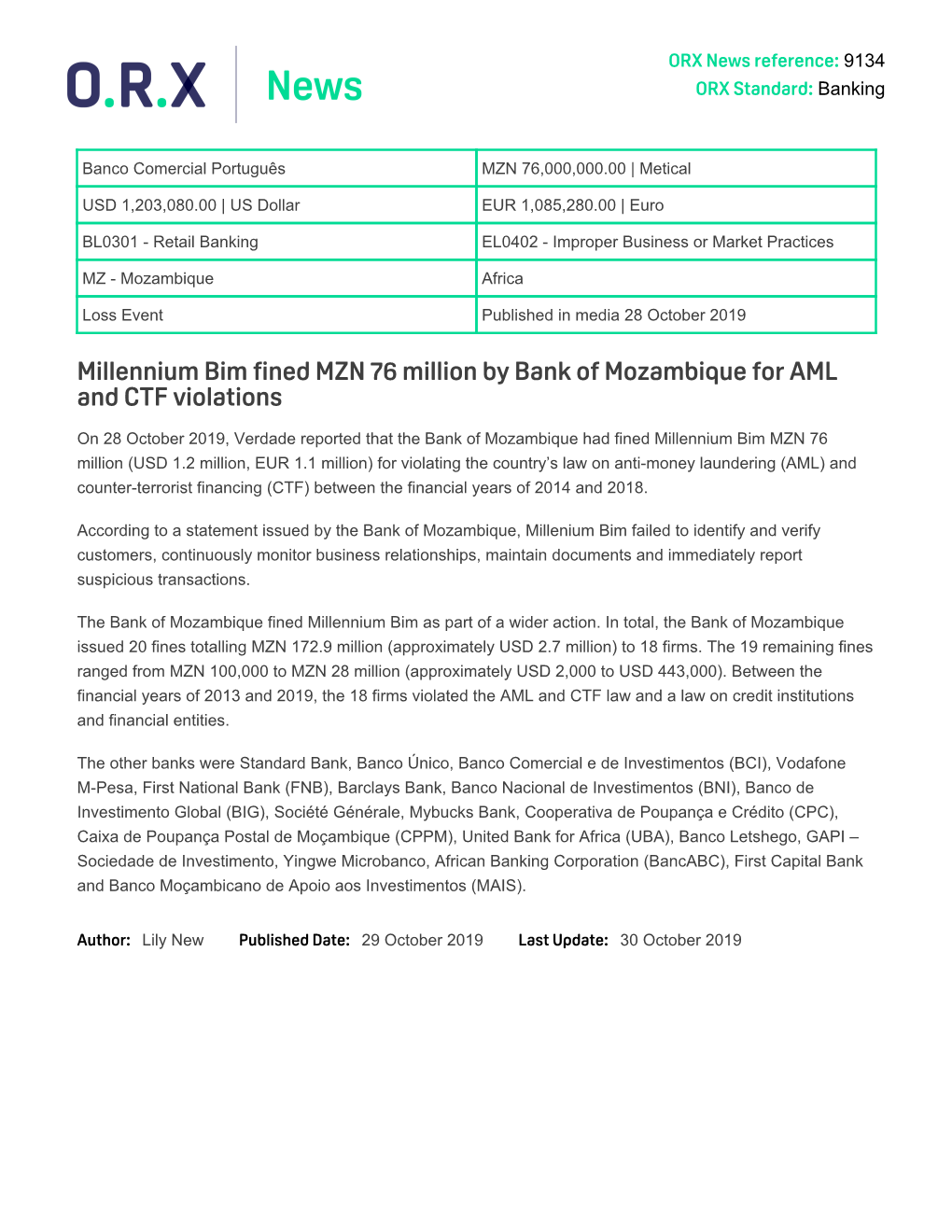 Millennium Bim Fined MZN 76 Million by Bank of Mozambique for AML and CTF Violations