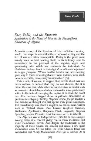 Fact, Fable, and the Fantastic Approaches Tothe Novel of Warin the Francophone Literatureof Algeria