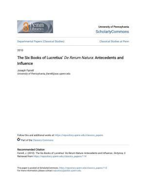 The Six Books of Lucretius' De Rerum Natura: Antecedents and Influence