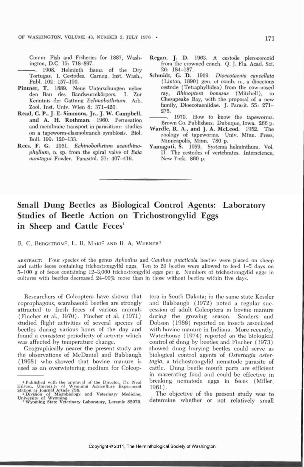 Small Dung Beetles As Biological Control Agents: Laboratory Studies of Beetle Action on Trichostrongylid Eggs in Sheep and Cattle Feces1