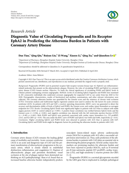 Diagnostic Value of Circulating Progranulin and Its Receptor Epha2 in Predicting the Atheroma Burden in Patients with Coronary Artery Disease