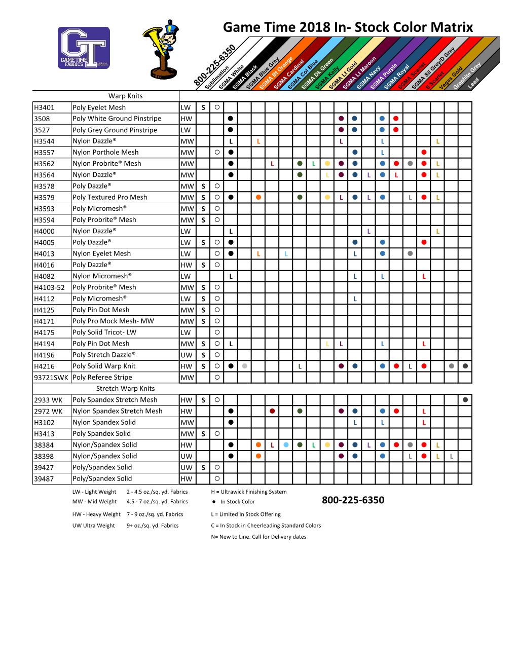 Game Time 2018 In- Stock Color Matrix