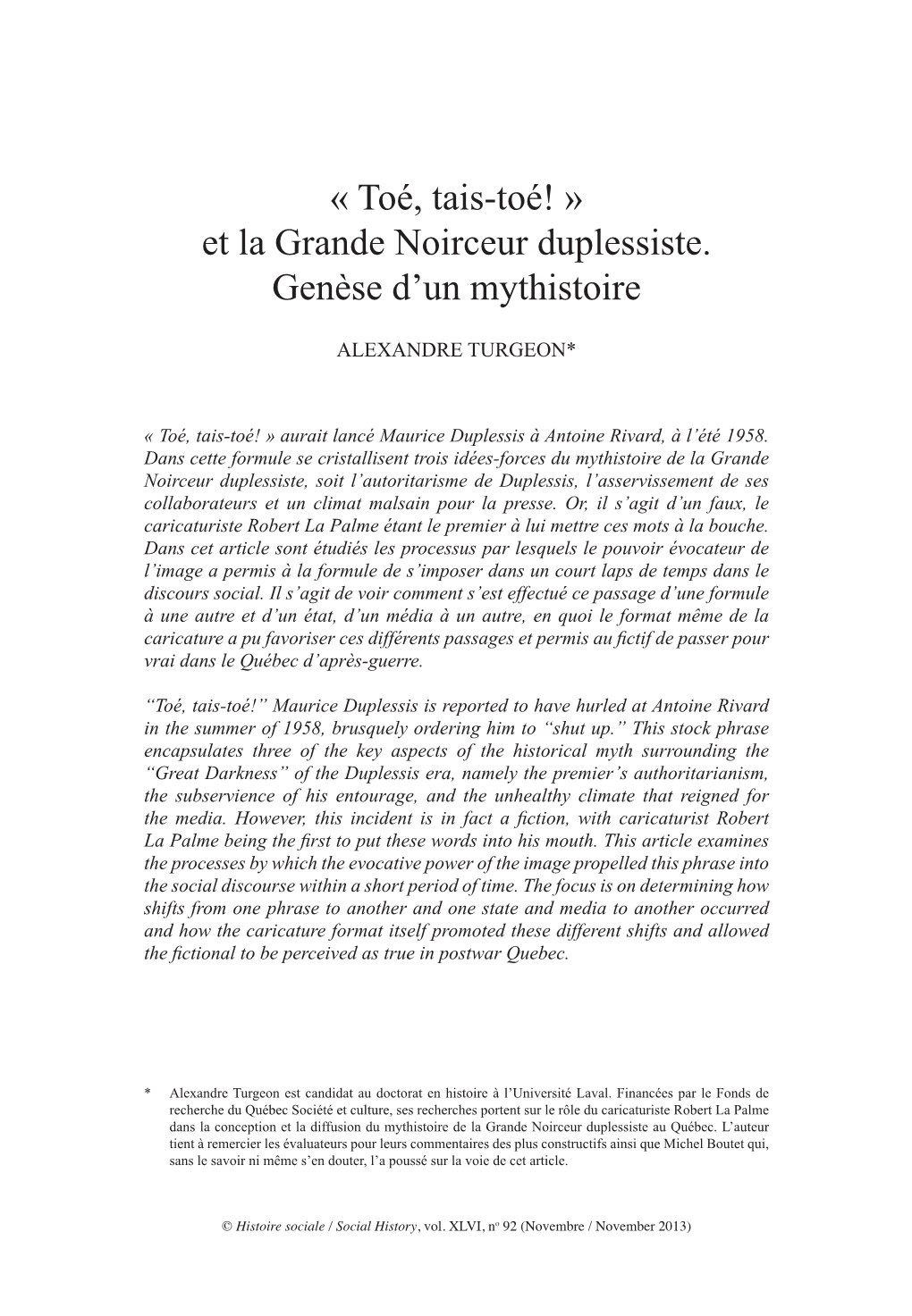 Toé, Tais-Toé! » Et La Grande Noirceur Duplessiste. Genèse D'un Mythistoire