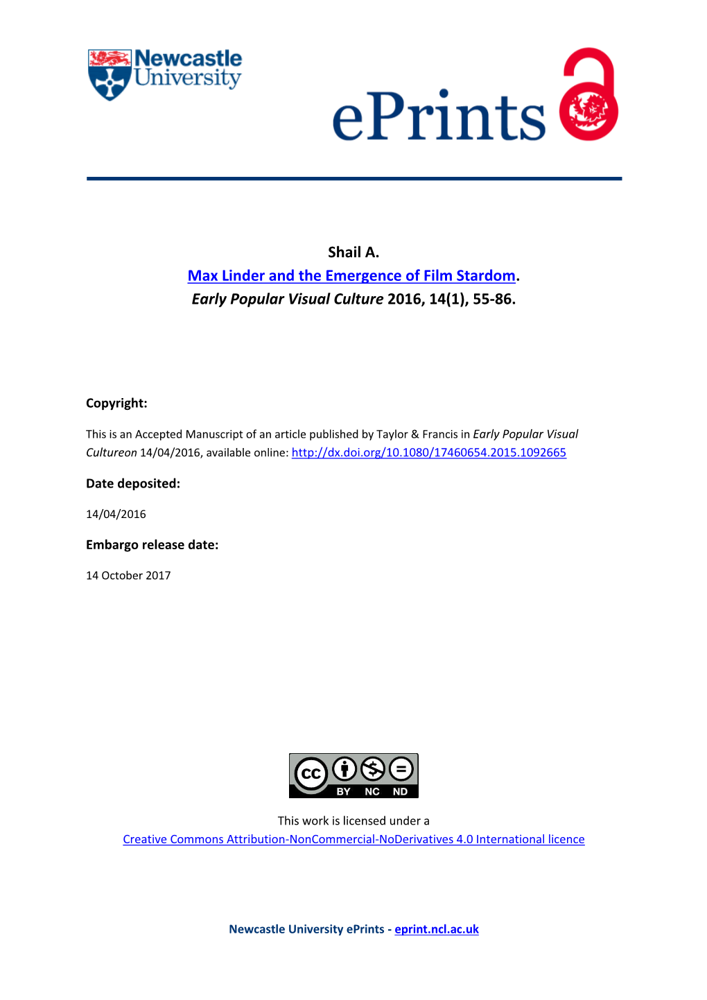 Shail A. Max Linder and the Emergence of Film Stardom. Early Popular Visual Culture 2016, 14(1), 55-86