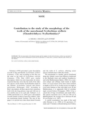 Contribution to the Study of the Morphology of the Teeth of the Nursehound Scyliorhinus Stellaris (Chondrichthyes: Scyliorhinidae)*