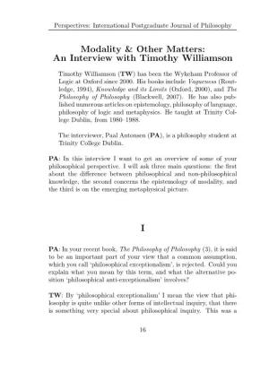 Modality & Other Matters: an Interview with Timothy Williamson I