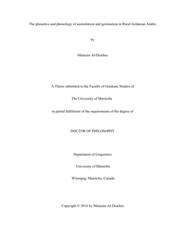 The Phonetics and Phonology of Assimilation and Gemination in Rural Jordanian Arabic