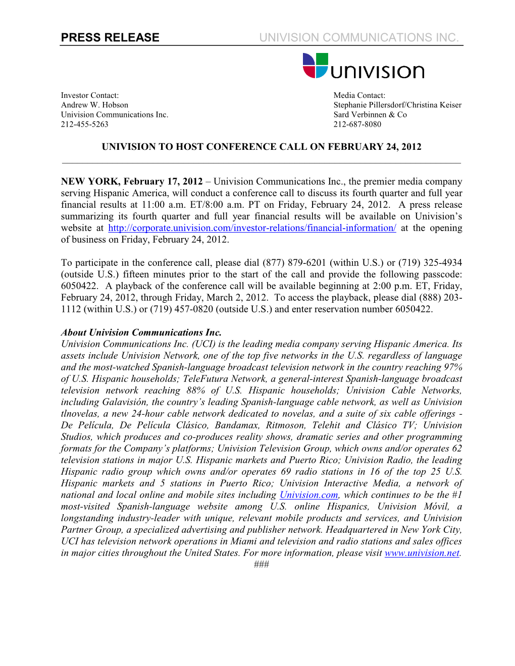 Press Release Univision Communications Inc