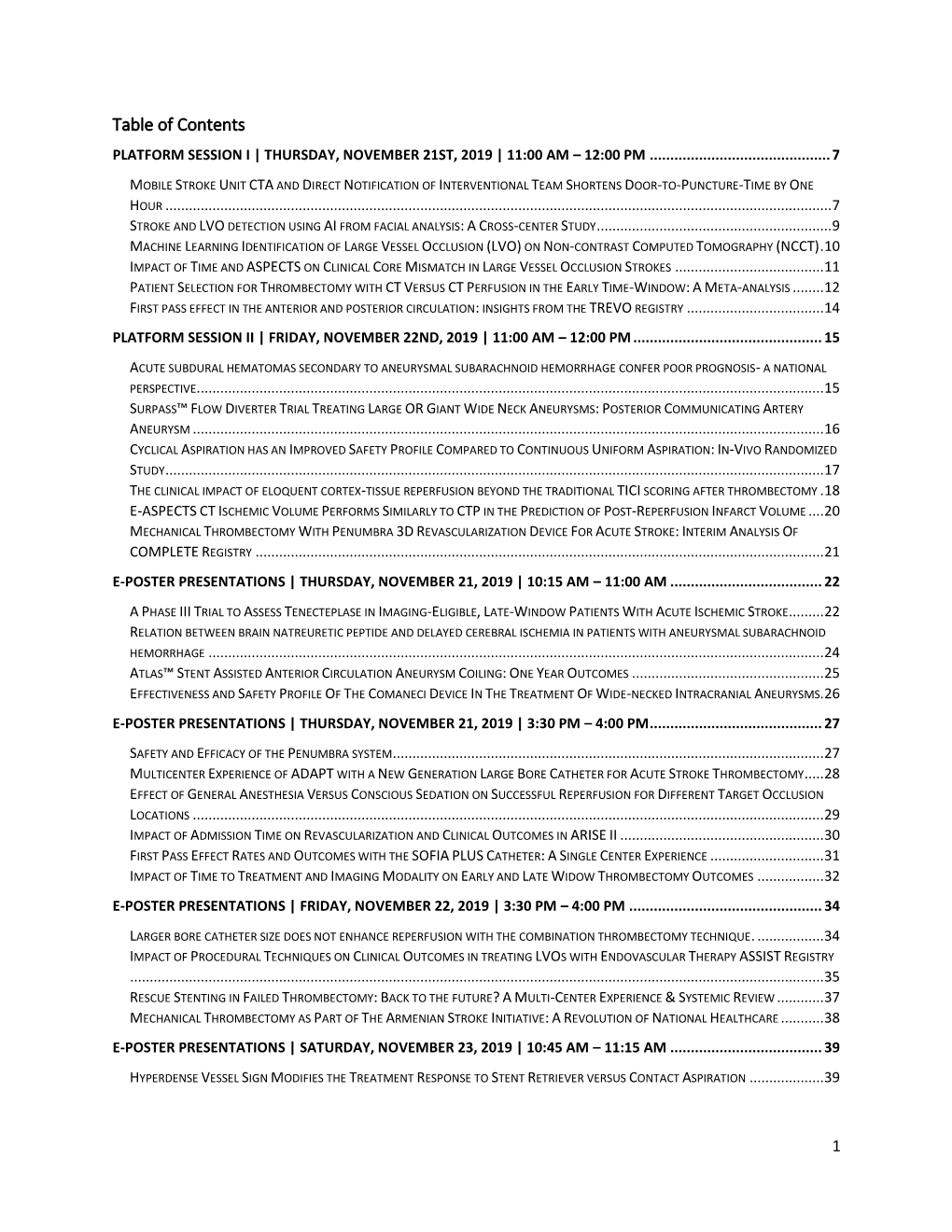 Table of Contents PLATFORM SESSION I | THURSDAY, NOVEMBER 21ST, 2019 | 11:00 AM – 12:00 PM