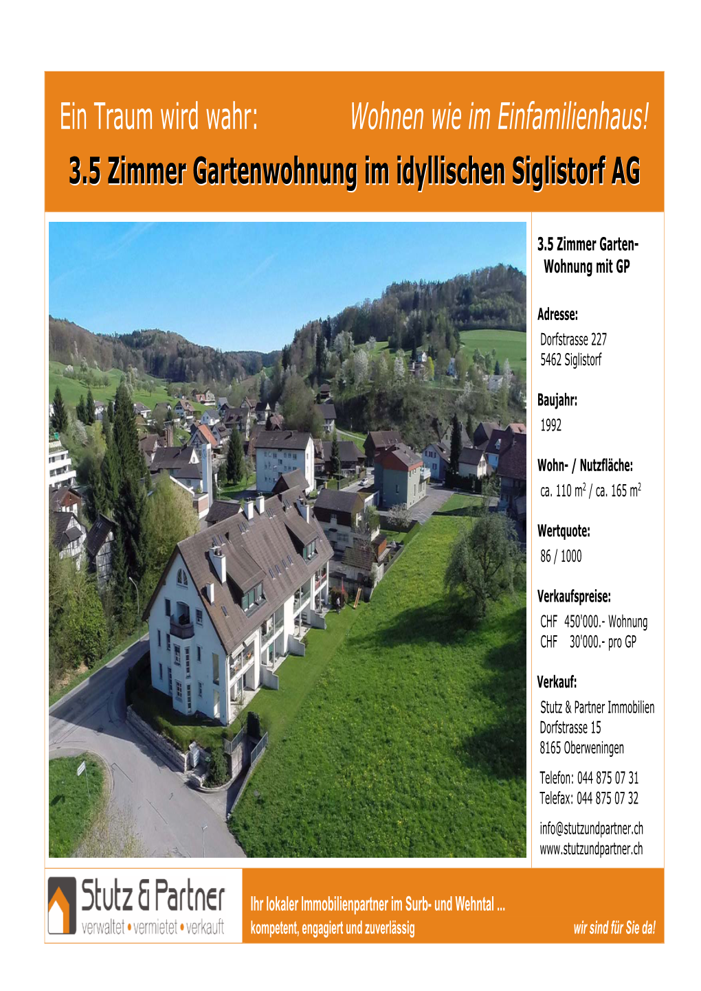 3.5 Zimmer Gartenwohnung Im Idyllischen Siglistorf AG