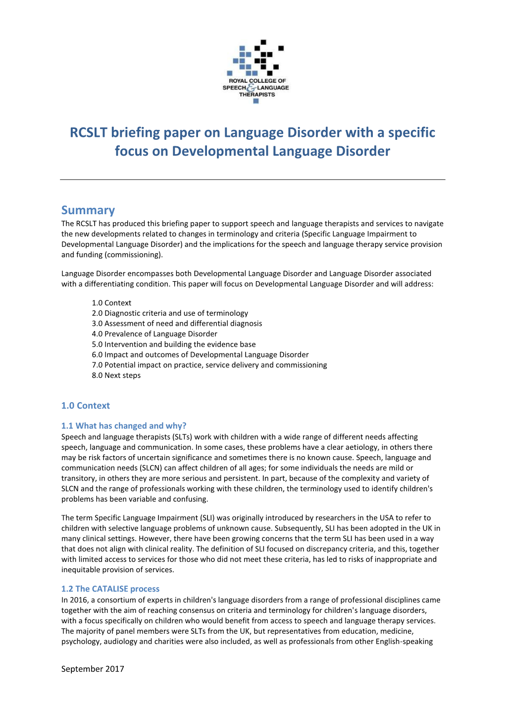RCSLT Briefing Paper on Language Disorder with a Specific Focus on Developmental Language Disorder