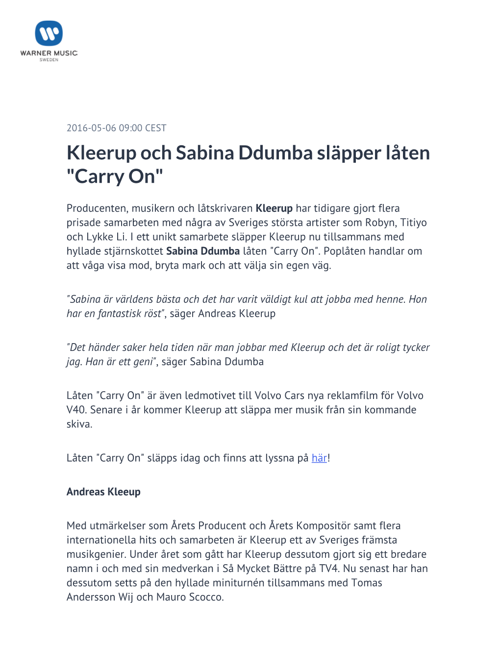 Kleerup Och Sabina Ddumba Släpper Låten "Carry On"