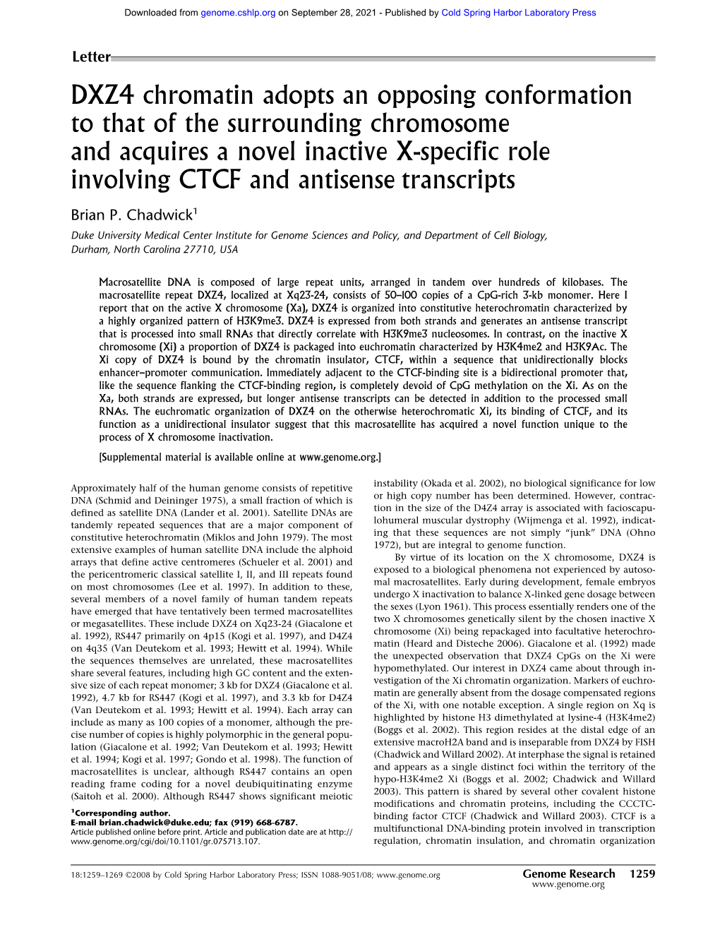 DXZ4 Chromatin Adopts an Opposing Conformation to That of The