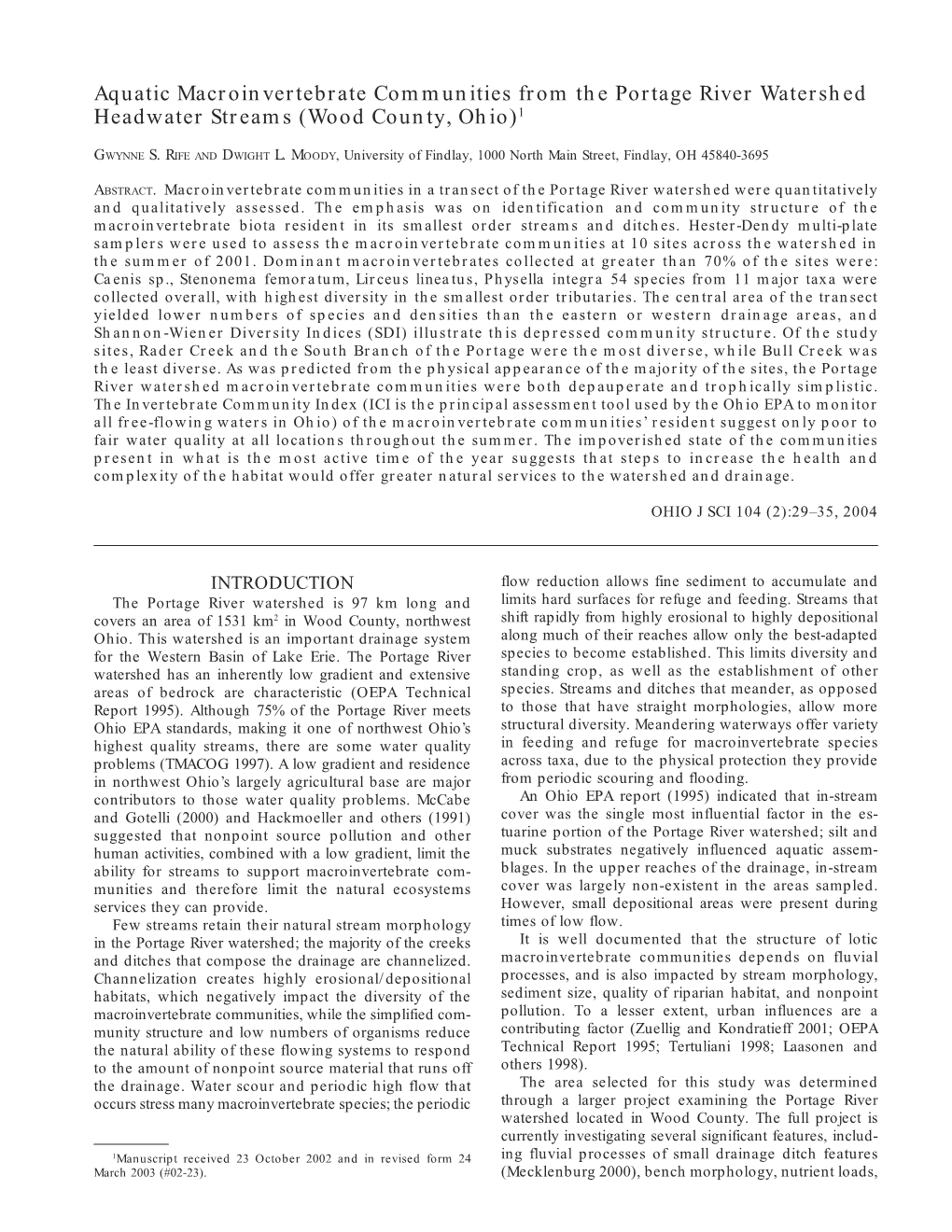 Aquatic Macroinvertebrate Communities from the Portage River Watershed Headwater Streams (Wood County, Ohio)1