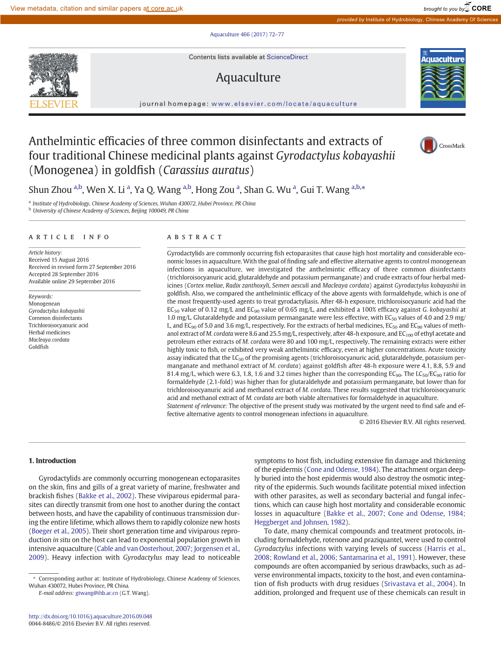 Anthelmintic Efficacies of Three Common Disinfectants and Extracts