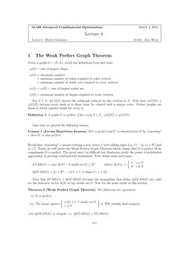 Lecture 8 1 the Weak Perfect Graph Theorem