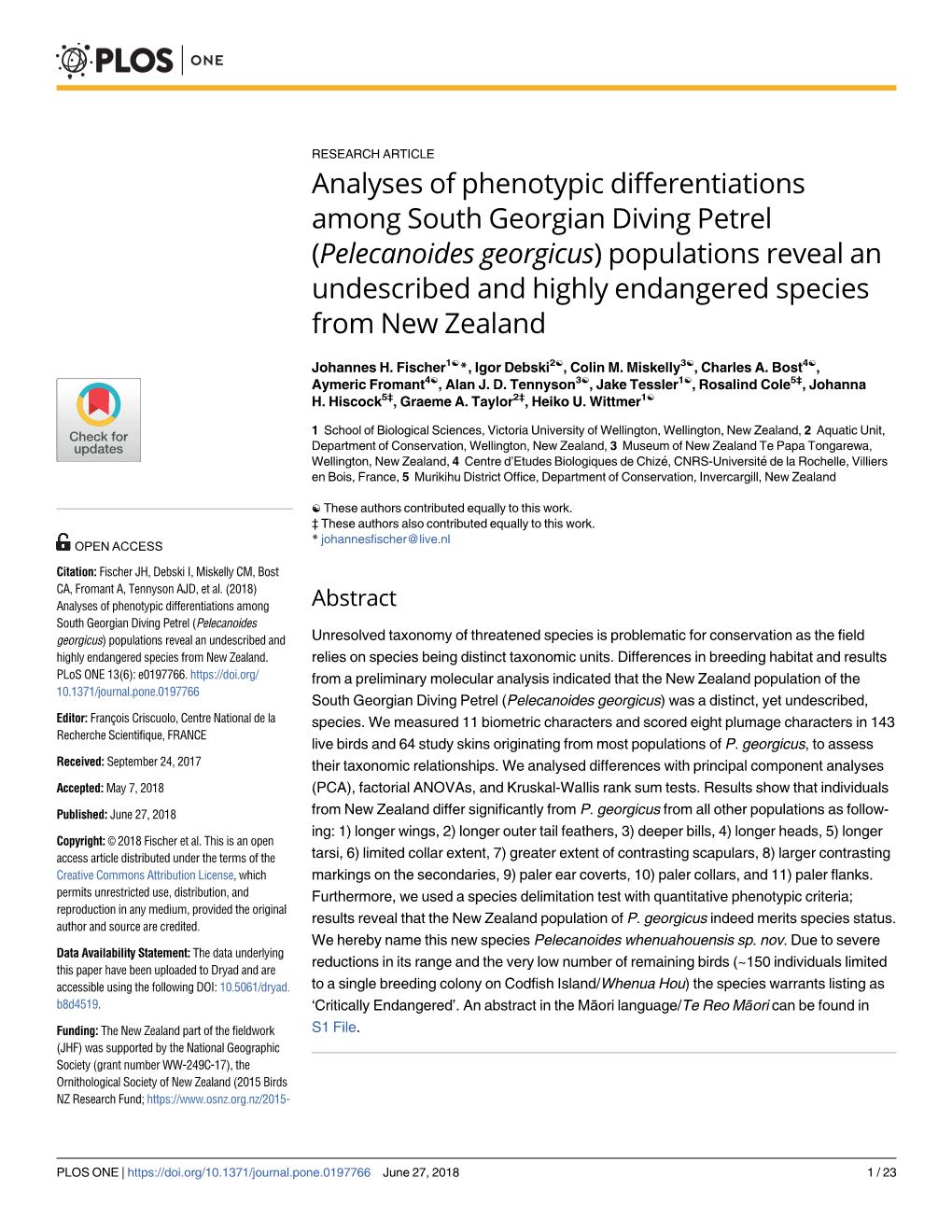 Pelecanoides Georgicus) Populations Reveal an Undescribed and Highly Endangered Species from New Zealand