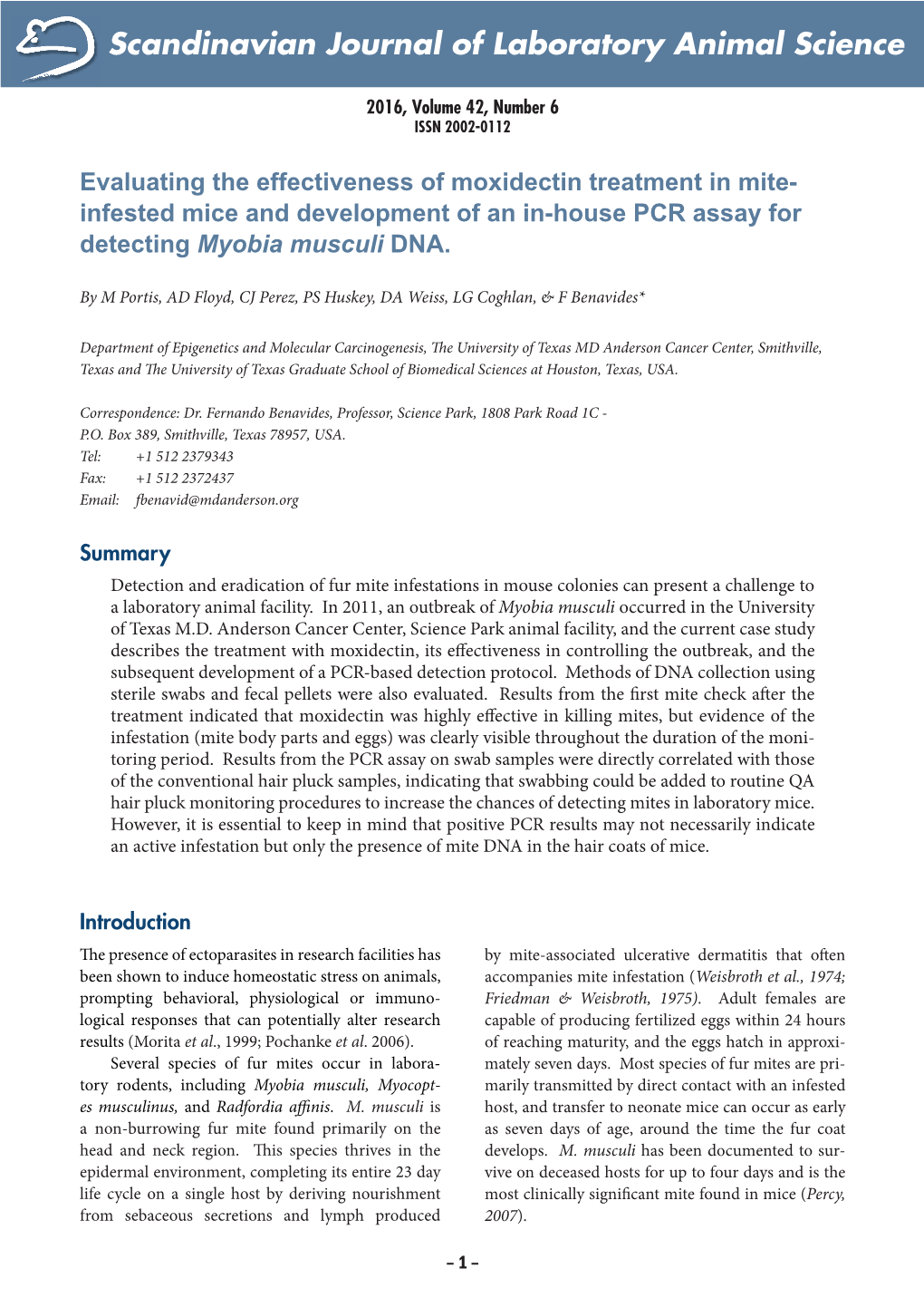 Evaluating the Effectiveness of Moxidectin Treatment in Mite- Infested Mice and Development of an In-House PCR Assay for Detecting Myobia Musculi DNA