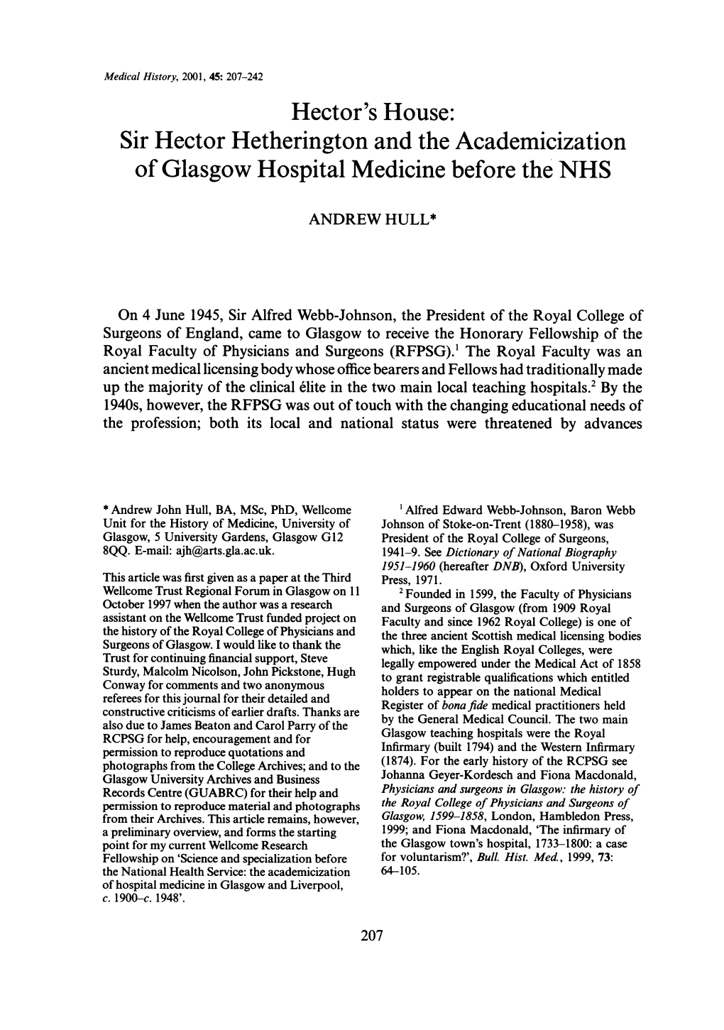 Sir Hector Hetherington and the Academicization of Glasgow Hospital Medicine Before the NHS