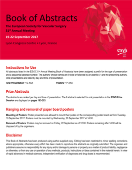 Book of Abstracts the European Society for Vascular Surgery 31St Annual Meeting 19-22 September 2017 Lyon Congress Centre • Lyon, France