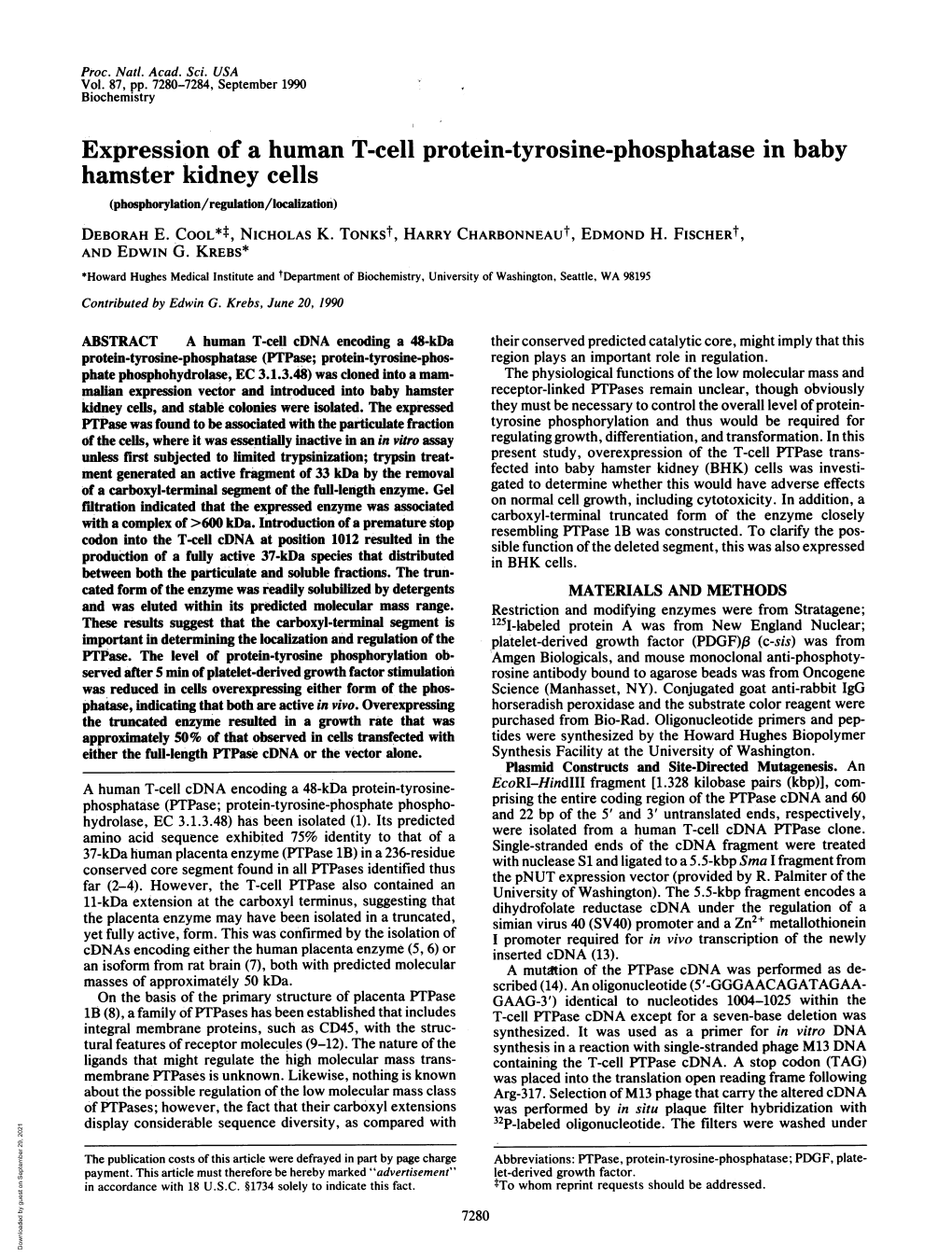 Expression of a Human T-Cell Protein-Tyrosine-Phosphatase in Baby Hamster Kidney Cells (Phosphorylation/Regulation/Localization') DEBORAH E