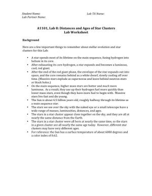 Distances and Ages of Star Clusters Lab Worksheet