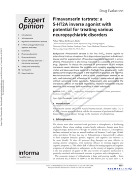 Pimavanserin Tartrate: a 5-HT2A Inverse Agonist with Potential for Treating Various 1